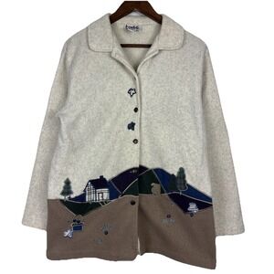 Vintage Teddi Fleece Jacket Womens Small Beige‎ Nature Landscape Embroidered